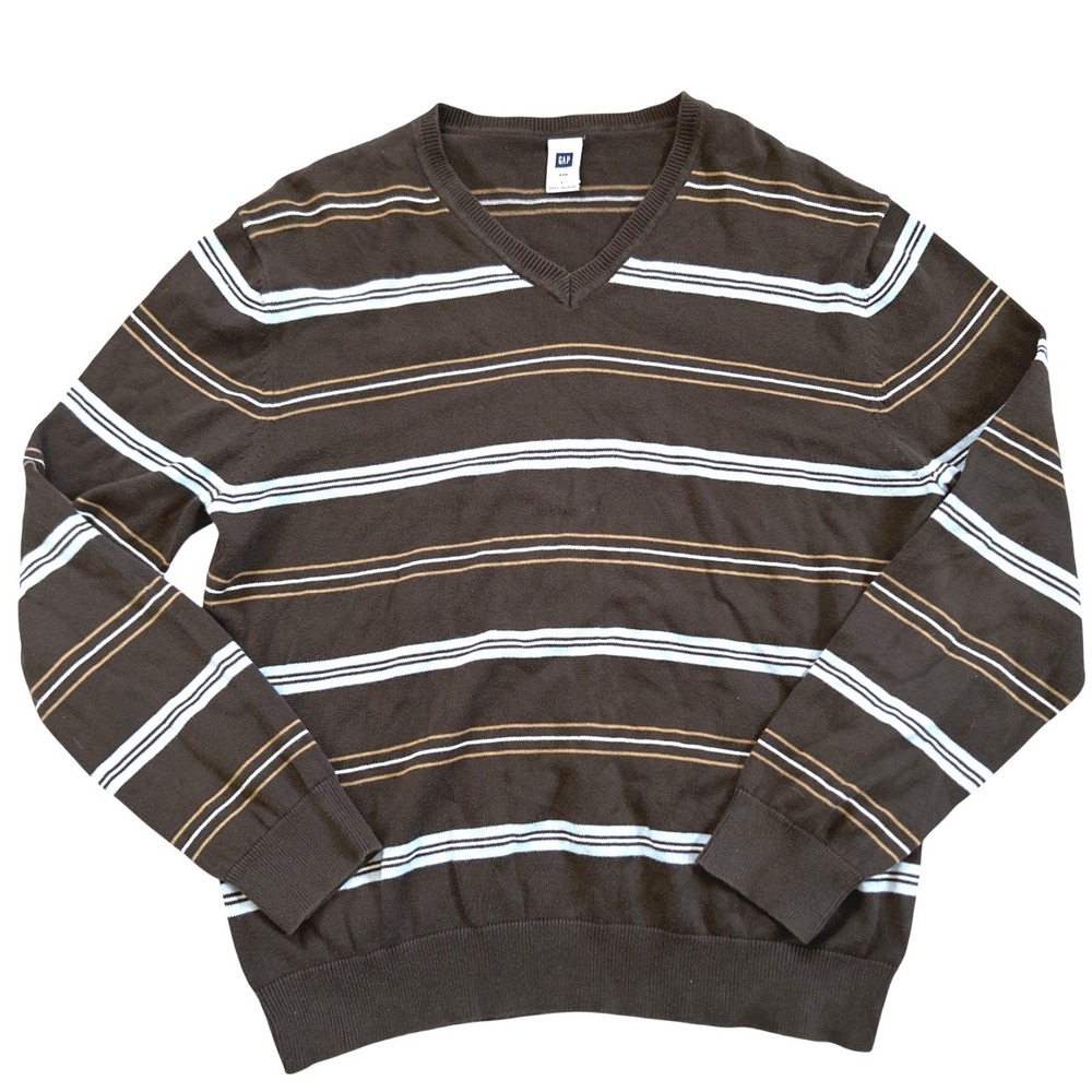 Gap V-Neck Sweater Y2K Men Brown Striped Cotton Preppy Knit Size L‎